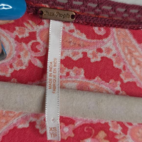 Free People XS Luna Scarf Lacey Print Exaggerated BellSleeve Boho Red Mini Dress - Picture 3 of 16